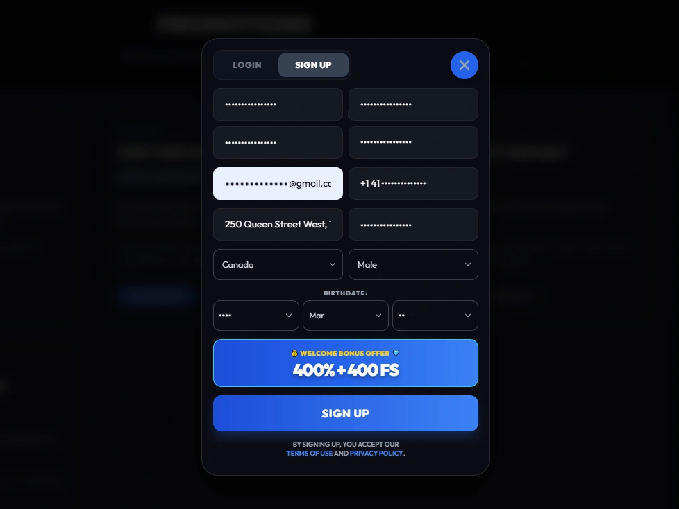 Sign-up form showing email, Canadian phone number, address, gender, birthdate and welcome bonus offer